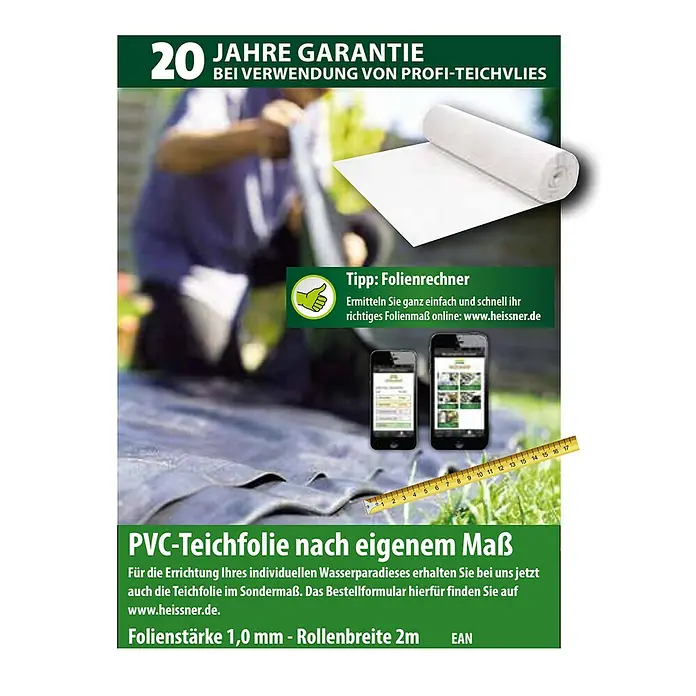 Heissner PVC-Teichfolie - Stärke: 0,5 mm, 6 x 8 m - Anzeige für PVC-Teichfolie nach Maß mit 20 Jahren Garantie bei Verwendung von Profi-Teichvlies.