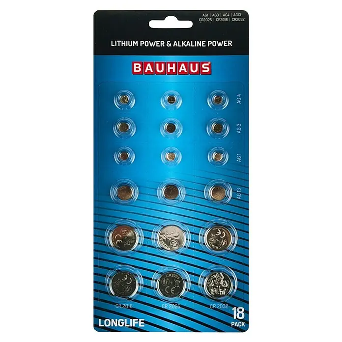 BAUHAUS Knopfzelle Power 18 Stk. AG1/AG3/AG4/AG13 - 1,5 V, 18 Stk. - Blisterpackung mit 18 Knopfzellen verschiedener Typen (AG1, AG3, AG4, AG13, CR2016, CR2025, CR2032) von Bauhaus, geeignet für vielfältige Anwendungen.