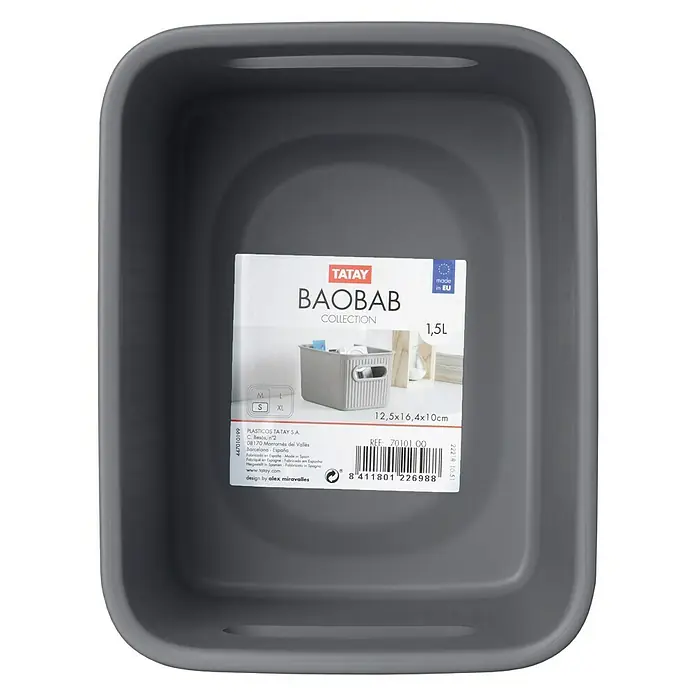 Tatay Baobab Cesta para la ropa - 12,5 x 16,4 x 10 cm, Plástico, Gris - Cesta de almacenamiento gris Tatay Baobab con una capacidad de 1,5L, ideal para organizar diversos artículos en el hogar.
