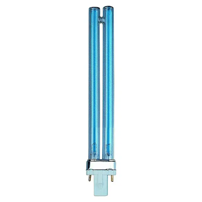 Heissner Ersatzlampe UVC PL-S - 5 W - Kompakte UV-C-Entkeimungslampe mit zwei parallelen bläulich getönten Glasröhren und weißem Stecksockel.