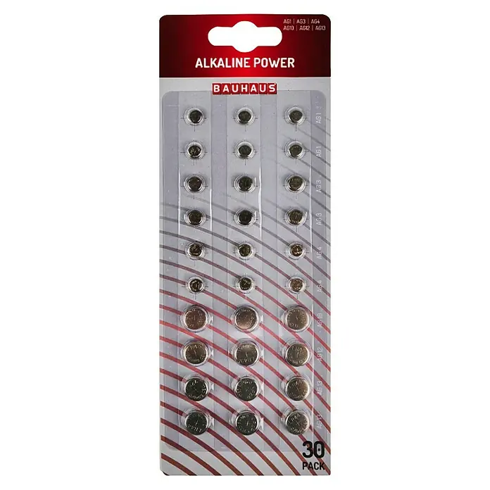BAUHAUS Knopfzelle Power AG1/AG3/AG4/AG10/AG12/AG13 - 1,5 V, 30 Stk. - Alkaline Knopfzellen von Bauhaus, 30er Packung. Geeignet für AG1, AG3, AG4, AG10, AG12 und AG13 Geräte. Langanhaltende Energie für kleine Geräte.