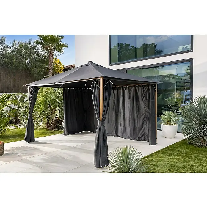 Sunfun Carpa con laterales Mauricio - An x Pr: 299 x 399 cm, Color del techo: Antracita - Un mirador sombreado con cortinas en el jardín que ofrece un refugio exterior elegante y funcional.