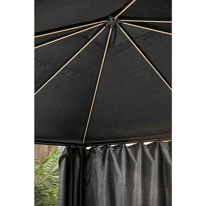Sunfun Carpa con laterales Mauricio - An x Pr: 299 x 399 cm, Color del techo: Antracita - Primer plano del pabellón con techo de tela oscura y puntales de madera que se encuentran en el centro.