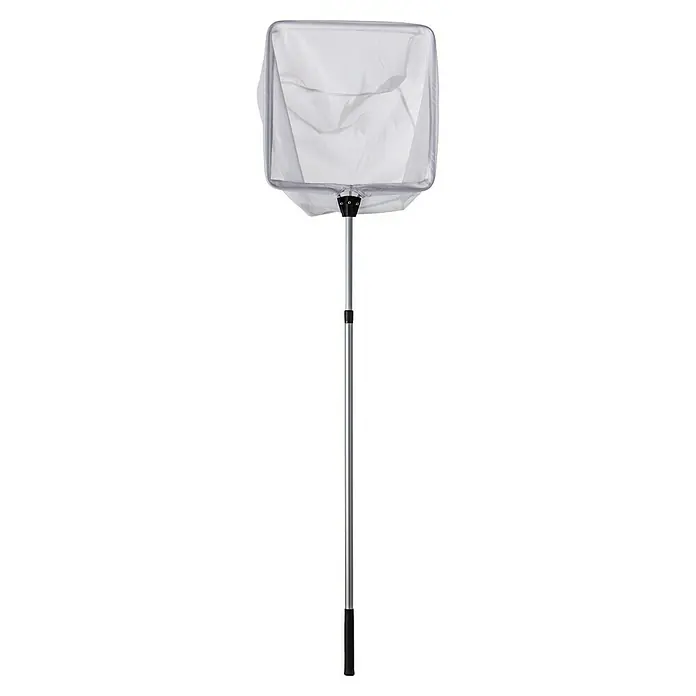 Heissner Teichkescher - Länge Griff: 75 cm - 140 cm - Weißer Kescher mit silbernem Teleskopstiel und schwarzem Griff, zur Pool- oder Teichreinigung.
