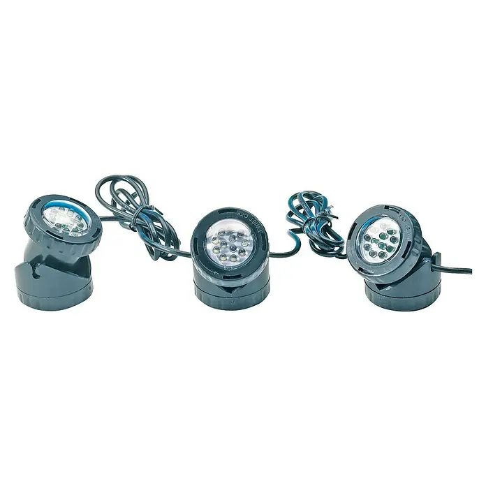 Heissner Teichbeleuchtung - 4,5 W, Warmweiß - Drei schwarze, verstellbare LED-Strahler mit aufgerollten Kabeln.