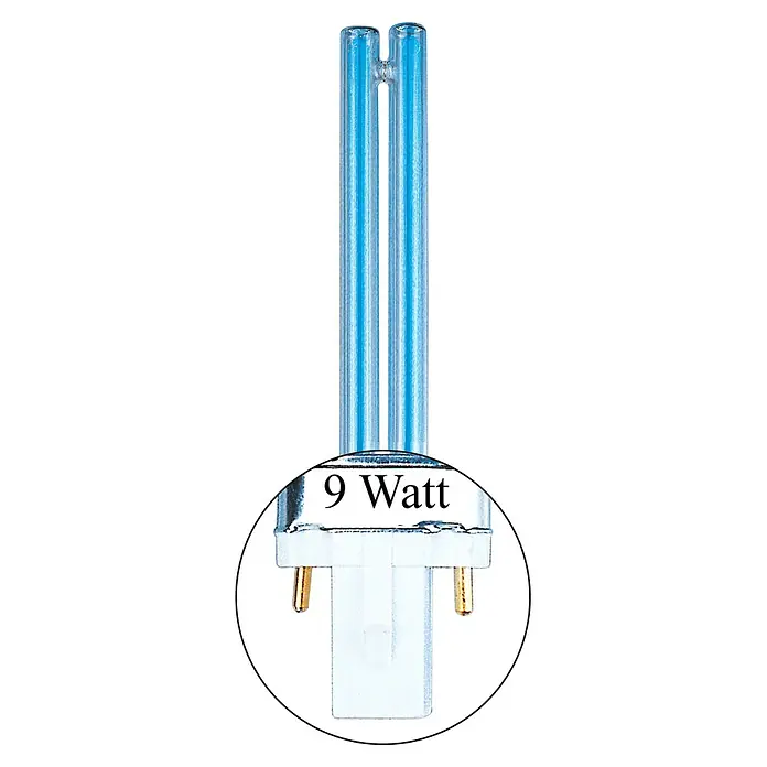 Heissner Ersatzlampe UVC PL-S - 9 W - 9 Watt Doppelröhren-UV-C-Lampe mit blau getöntem Glas und weißem Zweistiftsockel.