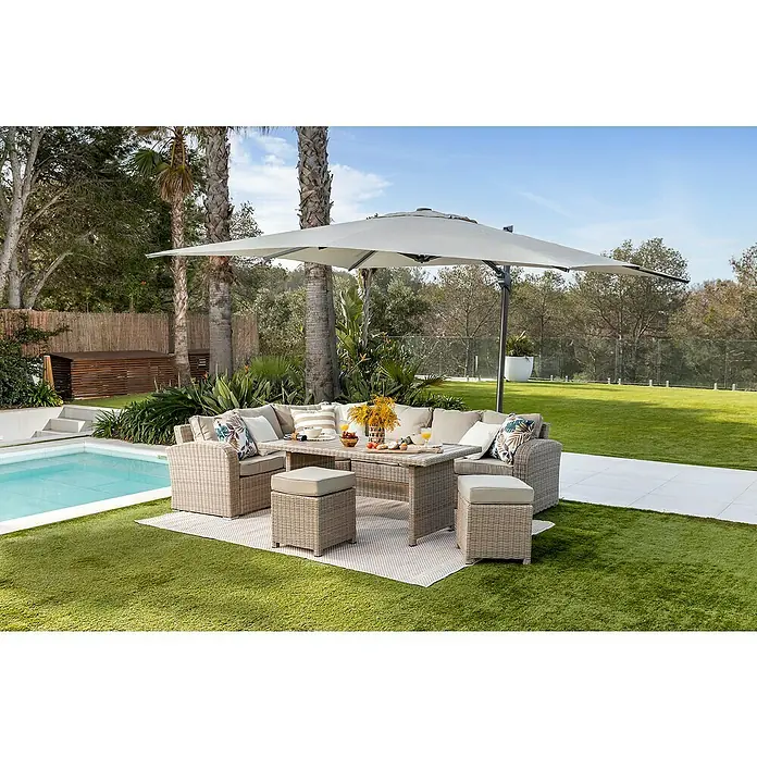 Sunfun Conjunto de muebles Portland III - 6 pzs., Ratán sintético/Aluminio, Crema - Lujoso conjunto de comedor exterior con mesa, asientos y sombrilla para relajarse al aire libre. Disfrute de la comodidad y el estilo en su jardín.