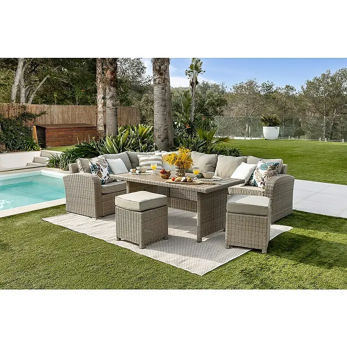 Sunfun Conjunto de muebles Portland III - 6 pzs., Ratán sintético/Aluminio, Crema - Atractivo conjunto de salón de jardín con mesa de comedor y taburetes sobre una alfombra en el jardín, ideal para relajarse al aire libre.