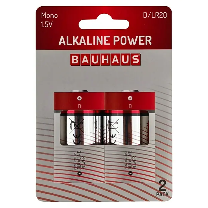 BAUHAUS Batterie Power LR20 - Mono D, 1,5 V, 2 Stk. - Ein Doppelpack D/LR20 Mono 1,5V Alkaline Batterien von Bauhaus. Diese Batterien sind für den vielseitigen Einsatz konzipiert.