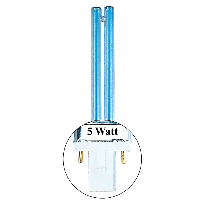 Heissner Ersatzlampe UVC PL-S - 5 W - 5W UV-C Lampe: zwei blau getönte Röhren, weißer G23 Sockel mit Goldstiften.