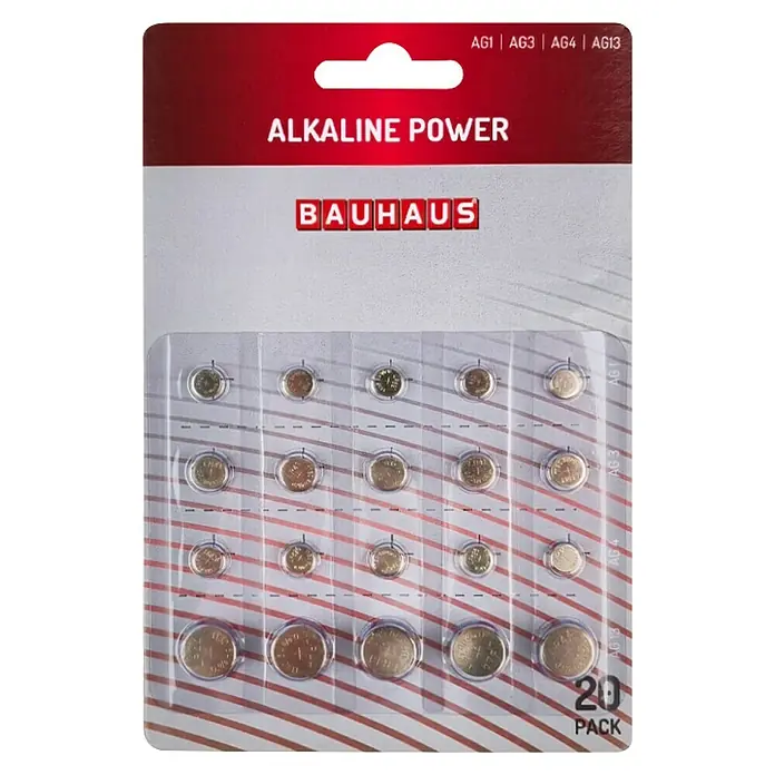 BAUHAUS Knopfzelle Power 20 Stk. AG1/AG3/AG4/AG13 - 1,5 V, 20 Stk. - Bauhaus Alkaline Power Knopfzellen Batterie Packung mit 20 Stück, inklusive AG1, AG3, AG4, AG13.