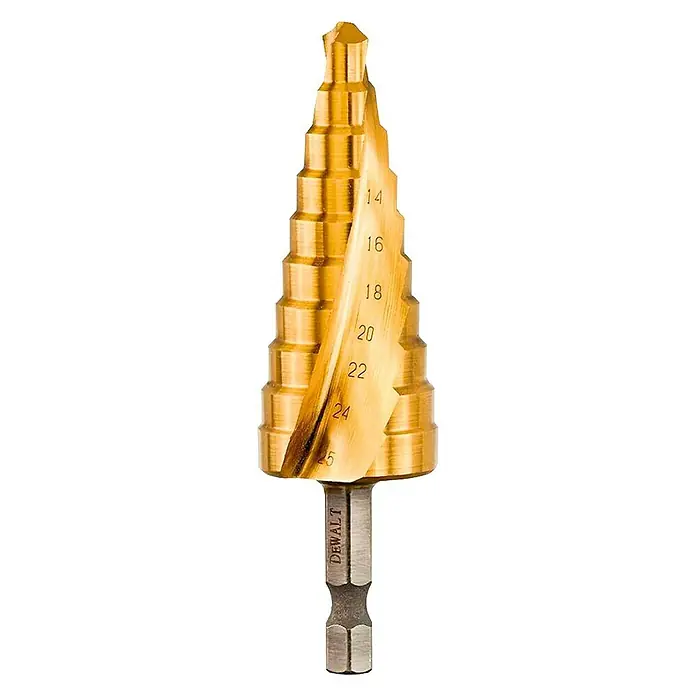 DeWalt Extreme Broca para metal DT5030-QZ - 1 ud., Diámetro de la broca: 25 mm - Broca escalonada dorada DeWalt con marcas de tamaño, perfecta para perforar con precisión diversos materiales.