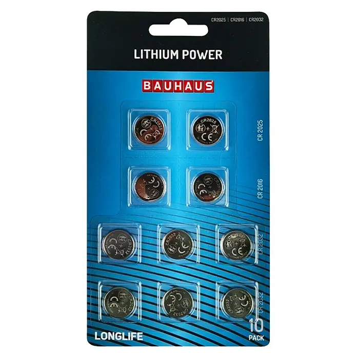 BAUHAUS Knopfzelle Power CR2016/CR2025/CR2032 - 3 V - Abbildung einer Bauhaus Lithium Power Batteriepackung mit den Typen CR2025, CR2016 und CR2032, ideal für verschiedene Geräte.