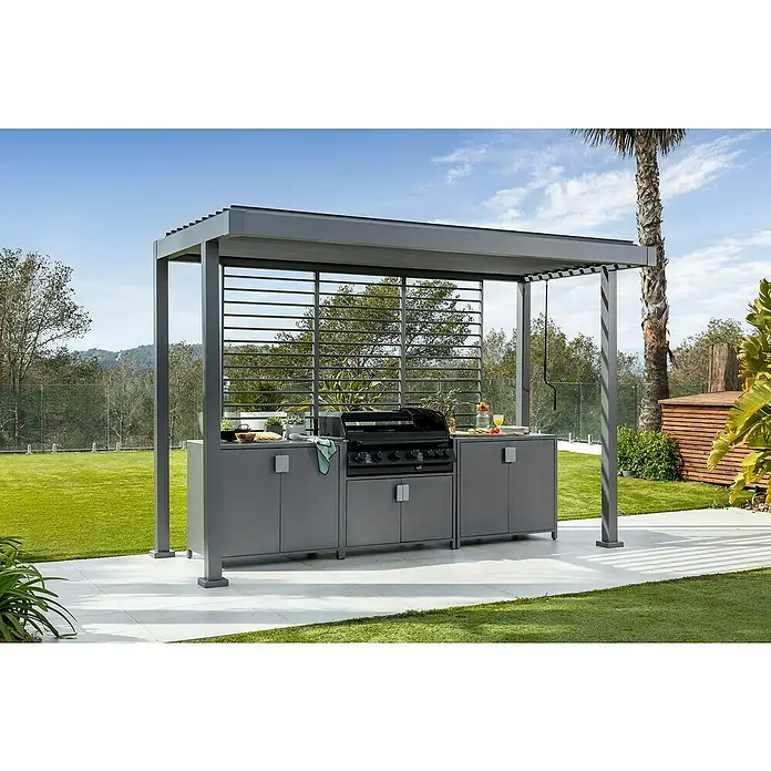 Sunfun Pérgola para barbacoa Laos - An x Pr: 342 x 168 cm, Color del armazón: Negro, Aluminio - Moderna estación de parrilla al aire libre con elegante pérgola gris, parrilla integrada y amplio espacio en la encimera para un entretenimiento elegante.