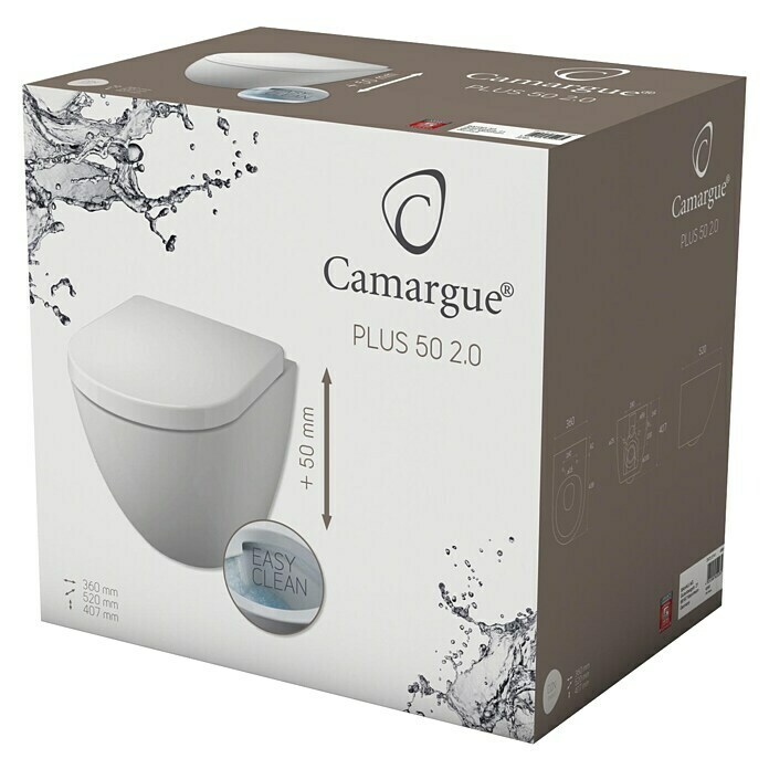 Camargue Zidna WC školjka bez daske sa automatskim ispiranjem Plus 50 2.0 (S daskom za WC, Visina sjedala: Povišeno 5 cm, Dubinsko ispiranje, Bijelo)