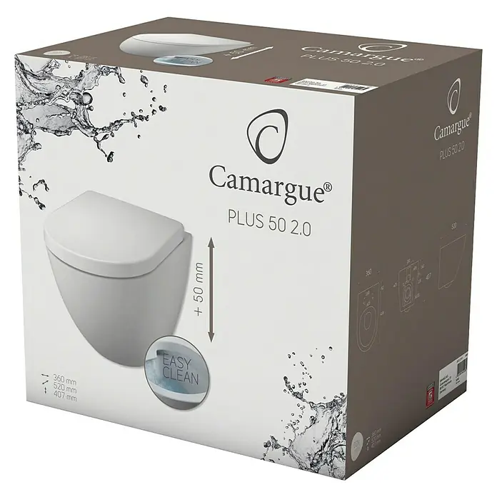 Camargue Wand-WC-Set Plus 50 2.0 - Spülrandlos, Ohne Spezialglasur, Spülform: Tief, WC Abgang: Waagerecht, Weiß - Bild einer Verpackung für eine Camargue Plus 50 2.0 Wandtoilette mit Produktinformationen und Abmessungen.