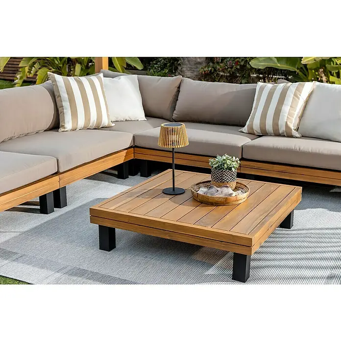 Conjunto de muebles Elsa - 6 pzs., Madera de acacia/Aluminio, Marrón - Un elegante conjunto de muebles de jardín de madera con sofá y mesa, que crea un ambiente relajado para la zona exterior.