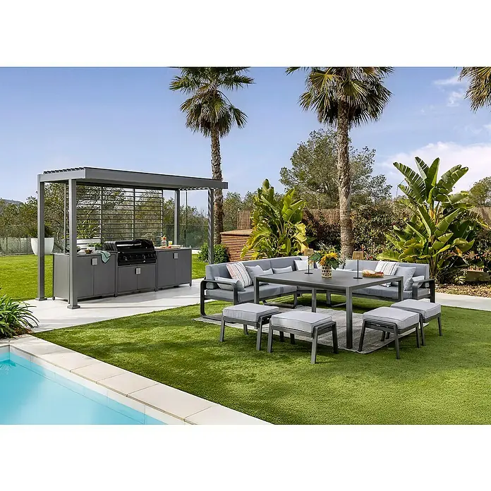 Sunfun Cocina exterior con estantería Kendra - Aluminio/Acero, Antracita - Cena al aire libre con estilo. Este comedor exterior con isla de parrilla ofrece comodidad y elegancia.