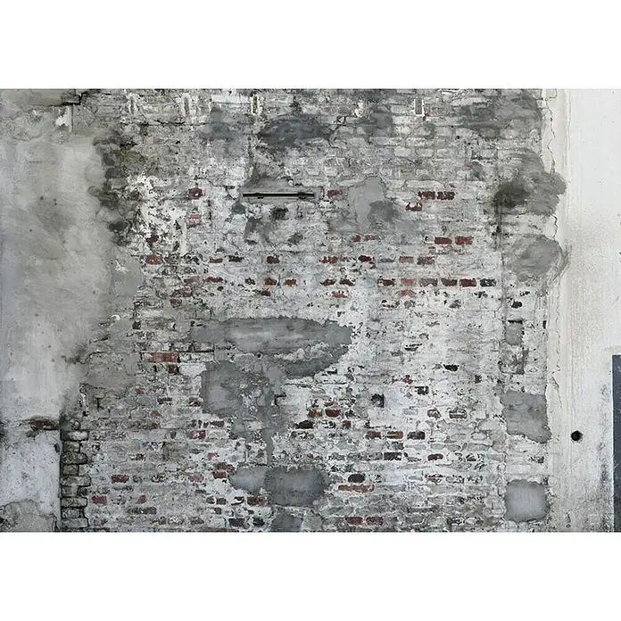 Rasch Fototapete Digitaldruck Mauerwerk - B x H: 418,5 x 300 cm, Vlies - Alte Ziegelmauer mit Putzresten, die eine rustikale und verwitterte Textur für Hintergründe und Dekorationen bietet.