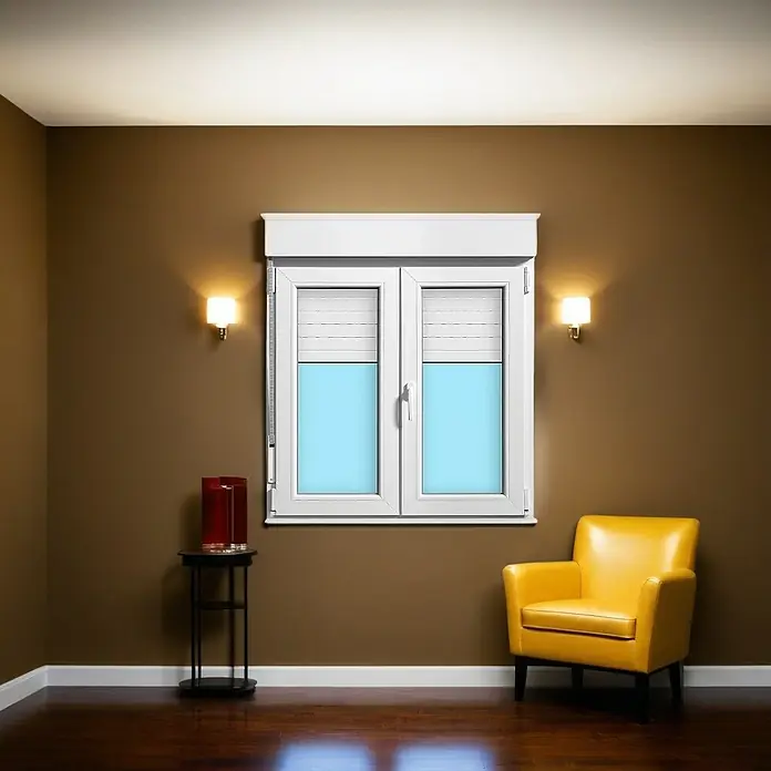 Solid Elements Ventana de PVC practicable-oscilobatiente - 120 x 138 cm, Derecha, Blanco - Habitación luminosa con ventana de persiana cerrada, sillón amarillo y mesa auxiliar. Ideal para espacios modernos.