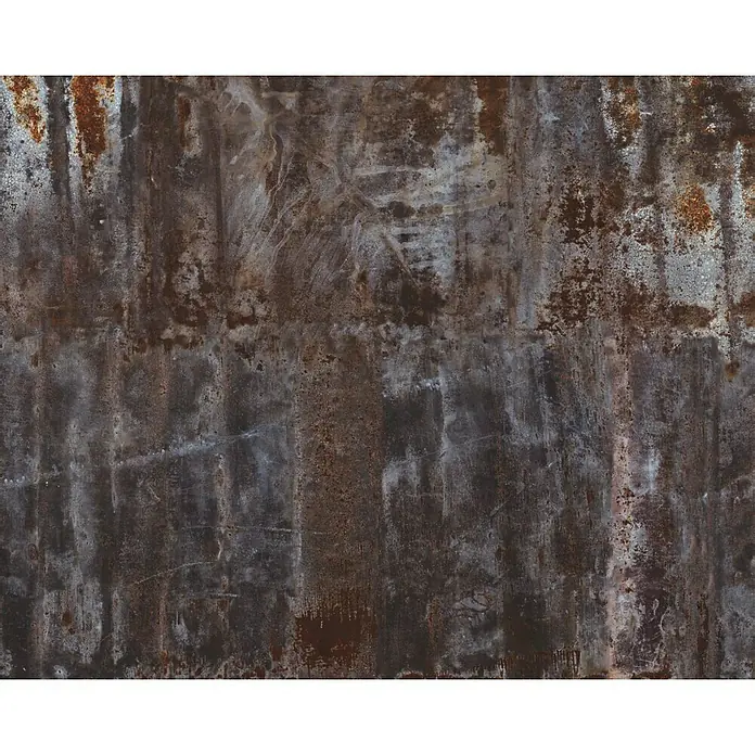 Rasch Fototapete Kupferplatte - B x H: 300 x 375 cm, Vlies - Rostige Metalloberfläche mit verschiedenen Farbnuancen und Texturen, die eine industrielle und abgenutzte Ästhetik vermitteln.