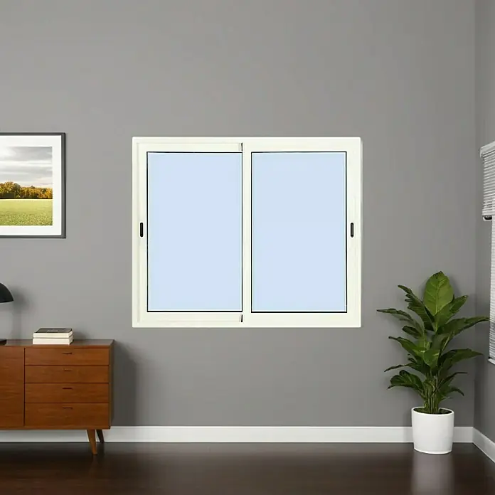Solid Elements Ventana de aluminio corredera - 150 x 120 cm, Blanco - Una ventana con dos hojas correderas es visible en una habitación moderna con un fondo gris y un suelo de madera.