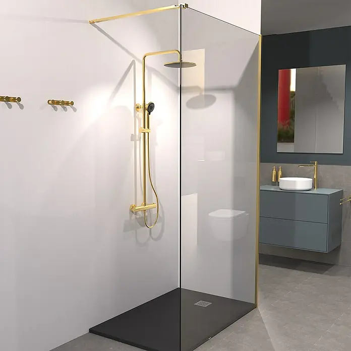 Camargue Perfil de ajuste y brazo de agarre Mannheim - Altura: 200 cm, Oro - Baño moderno con grifería de ducha dorada y plato de ducha negro. Diseño elegante para un ambiente elegante.