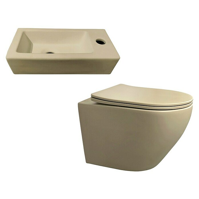 Best Design Hangend toiletset + Fontein (Zonder spoelrand, Khaki, Softclose) | BAUHAUS