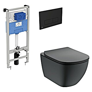 Ideal Standard Hangend toiletset + Inbouwreservoir + Bedieningspaneel (Mat zwart, Keramiek, Slijtvast)