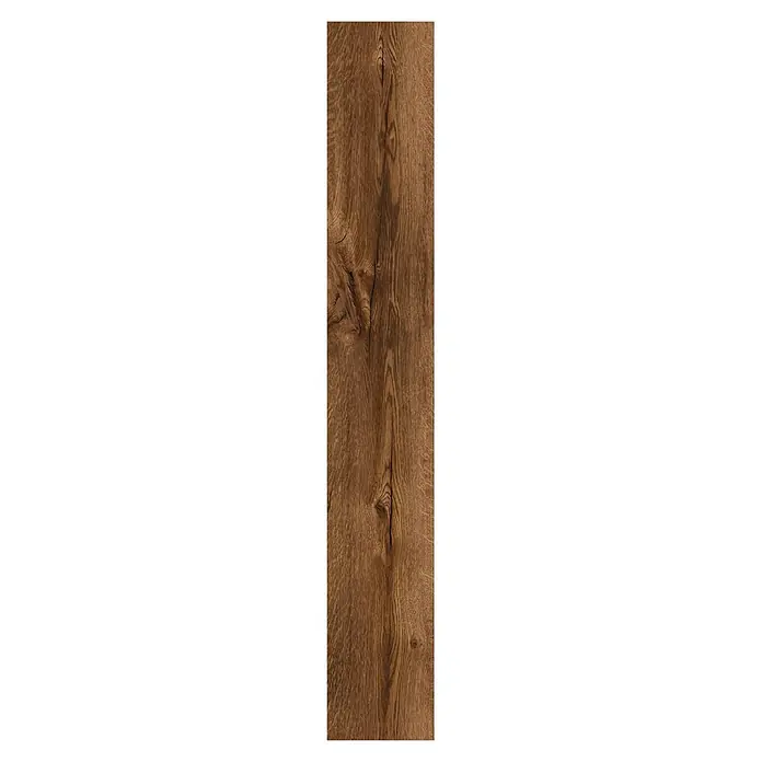 LOGOCLIC Ambienta Laminatmuster Eiche Mirandola - 296 x 195 x 1 mm, Landhausdiele - Nahaufnahme einer einzelnen, rustikalen Holzdiele mit warmer, brauner Farbe und markanter Maserung, ideal für Bodenbeläge.
