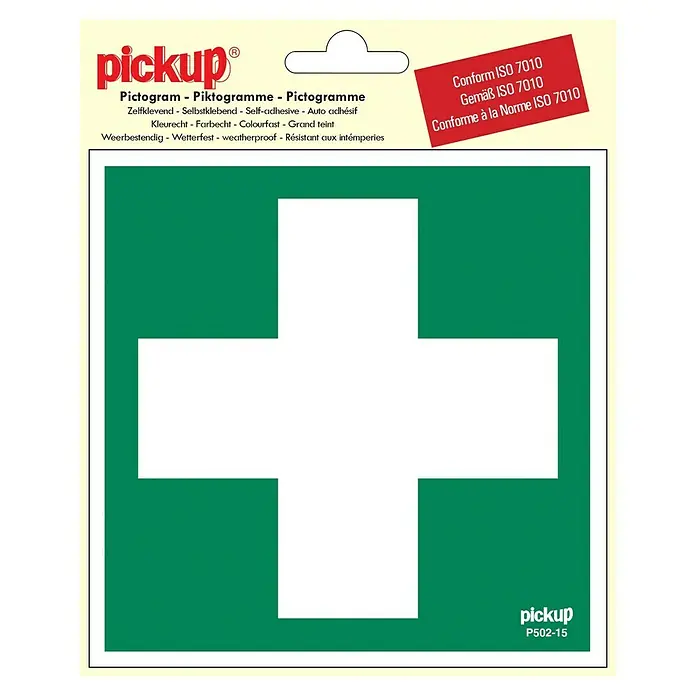 Pickup Aufkleber - L x B: 15 x 15 cm, Erste Hilfe - Erste-Hilfe-Symbolaufkleber von Pickup, selbstklebend und wetterfest gemäß ISO 7010 für den Innen- und Außenbereich.