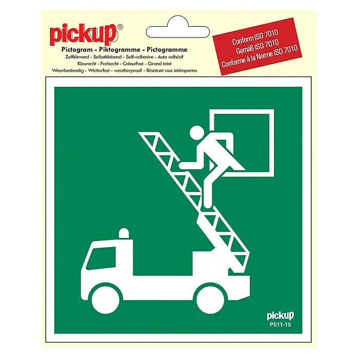 Pickup Aufkleber - L x B: 15 x 15 cm, Rettungsausstieg - Das Produkt ist ein grünes "Pickup" Piktogramm P511-15, das einen Feuerwehrmann auf einer Drehleiter zeigt, der in ein Fenster steigt.