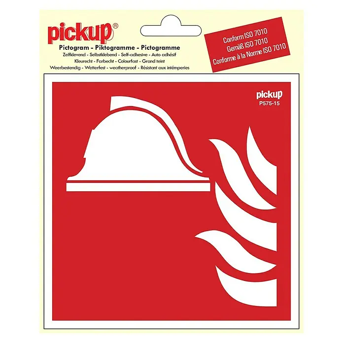 Pickup Aufkleber - L x B: 15 x 15 cm, Mittel und Geräte zur Brandbekämpfung - Produktabbildung eines roten Aufklebers mit einem weißen Feuerwehrhelm und Flammen, konform mit ISO 7010.