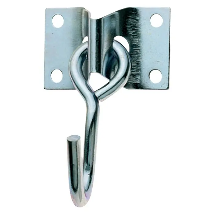 Stabilit Haken - Belastbarkeit: 100 kg - Eine Nahaufnahme eines verzinkten Deckhaken mit quadratischer Basisplatte. Ideal zum Aufhängen von Objekten an Decken oder Wänden.