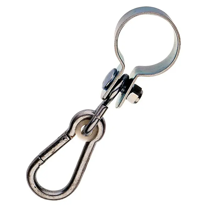 Stabilit ManschettenhakenFür Rohrdurchmesser: 25 mm, Belastbarkeit: 175 kg - Produktbild eines Karabinerhakens mit Ringbefestigung, ideal für diverse Aufhängungs- und Befestigungszwecke im Haushalt oder im Outdoor-Bereich.