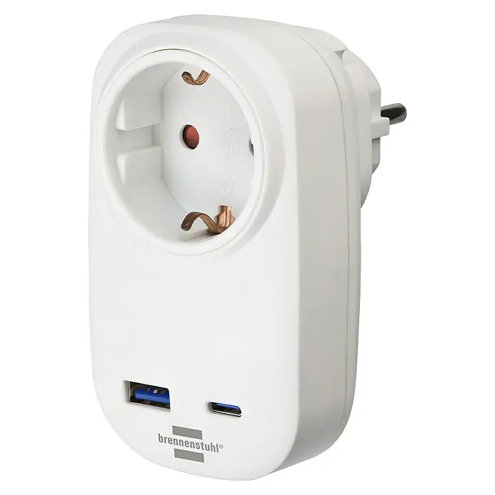 Brennenstuhl Zwischenstecker USB A & USB C - Weiß, Anzahl Steckdosen Schuko: 1 Stk. - Weißer Stromadapter mit Schuko-Steckdose, USB-A und USB-C Ladeanschlüssen.