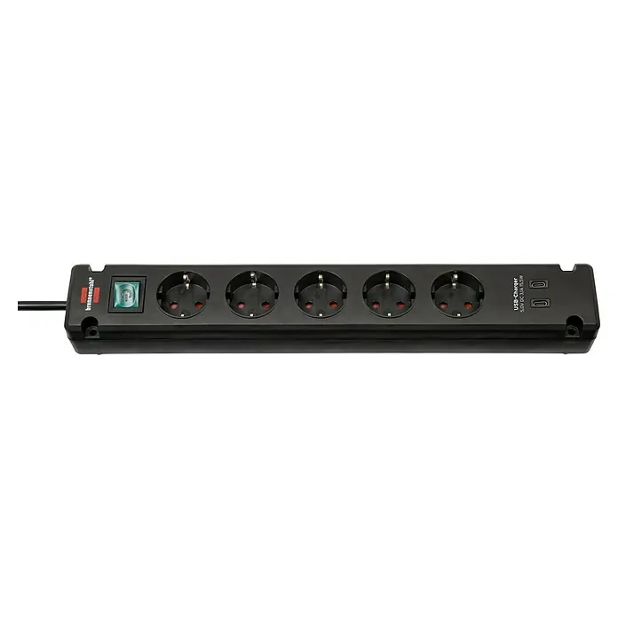 Brennenstuhl Steckdosenleiste Bremounta - Kabellänge: 1,5 m, Mit Schalter - Schwarze Brennenstuhl Steckdosenleiste mit 5 Schuko-Steckdosen, Ein-/Ausschalter und zwei USB-C Ladeanschlüssen.