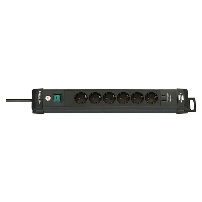 Brennenstuhl Steckdosenleiste Premium-Line - Kabellänge: 3 m, Mit Schalter - Schwarze Brennenstuhl Premium-Line Steckdosenleiste mit sechs Schuko-Steckdosen, Netzschalter sowie USB-C- und USB-A-Ladeanschlüssen.