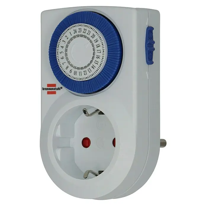 Brennenstuhl Tages-Zeitschaltuhr MMZ 20 - Weiß, Mechanisch, 3.500 W - Weißer brennenstuhl Analog-Zeitschaltuhr mit blauem 24-Stunden-Zifferblatt und integrierter Schuko-Steckdose.