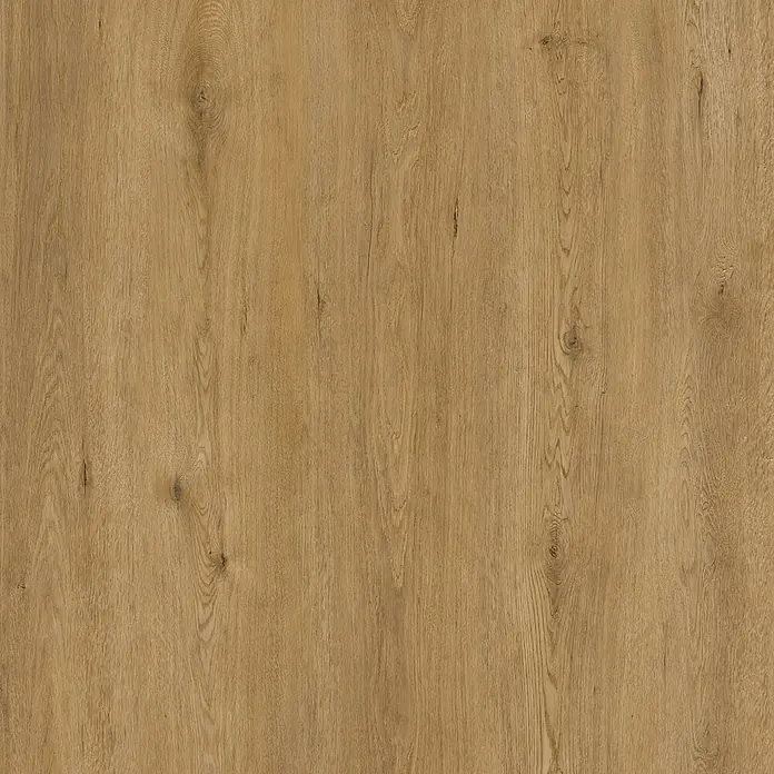 Suelo vinílico SPC Roble Olver - 1.220 x 180 x 5,5 mm, Marrón, Resistente al agua - Primer plano de una superficie de madera que muestra vetas y nudos, ideal para muebles e interiorismo.