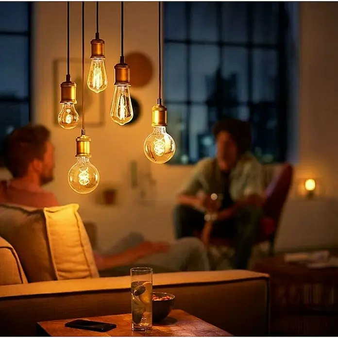 Philips Lámpara colgante LED Estándar - 40 W, L x An x Al: 7,1 x 16,9 x 16,9 cm, Oro, E27 - Las bombillas Edison de luz cálida crean un ambiente acogedor en la sala de estar. Perfecto para noches relajadas con amigos.