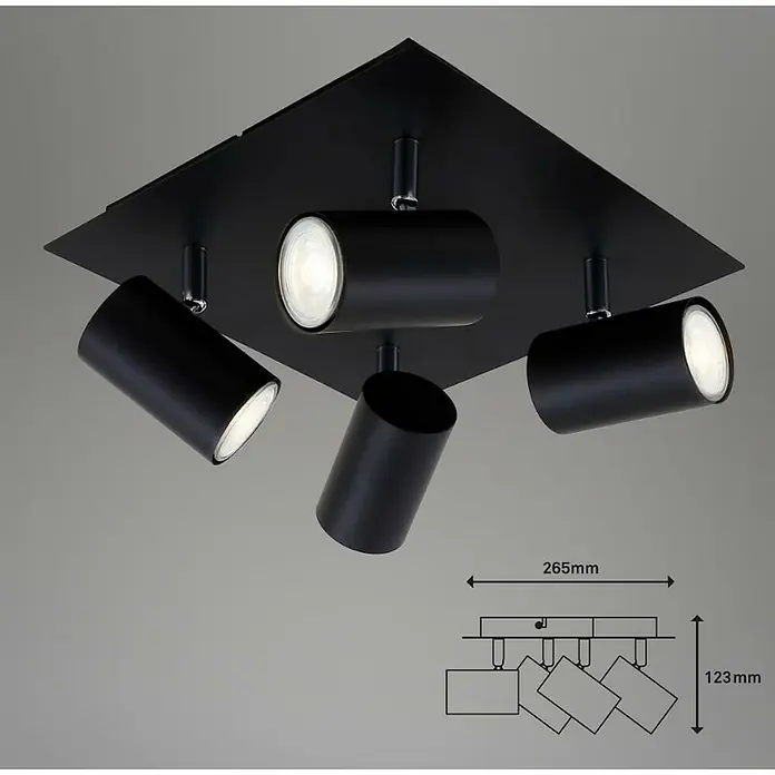 Briloner Regleta Run - 40 W, 4 ud., L x An x Al: 123 x 265 x 265 mm, Negro, GU10 - Lámpara de techo negra moderna con cuatro focos ajustables para una iluminación personalizada en la habitación.