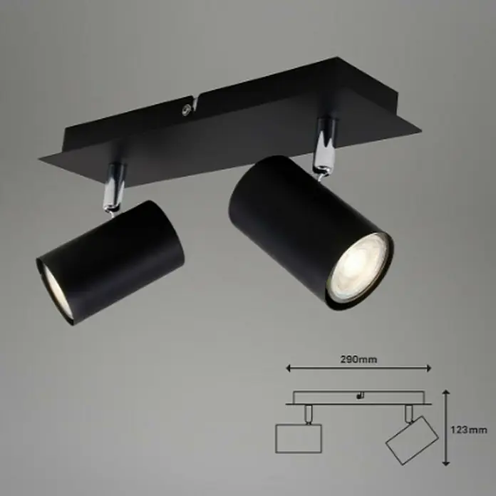 Briloner Regleta Run - 40 W, 2 ud., L x An x Al: 80 x 290 x 123 mm, Negro, GU10 - Lámpara de techo negra de doble foco con cabezales ajustables y detalles cromados para iluminación interior moderna.