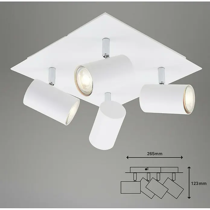 Briloner Regleta Run - 40 W, 4 ud., L x An x Al: 123 x 265 x 265 mm, Blanco, GU10 - Foco de techo LED blanco con cuatro luces y placa de techo cuadrada para iluminación de habitación moderna.