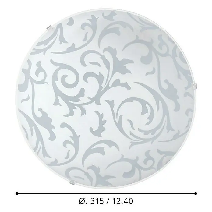 Eglo Plafón redondo Scalea - 60 W, Ø x Al: 31 x 10 cm, Blanco, E27 - Primer plano de una lámpara de techo redonda con estampado floral y dimensiones Ø 315 / 12.40 para ilustrar el tamaño.