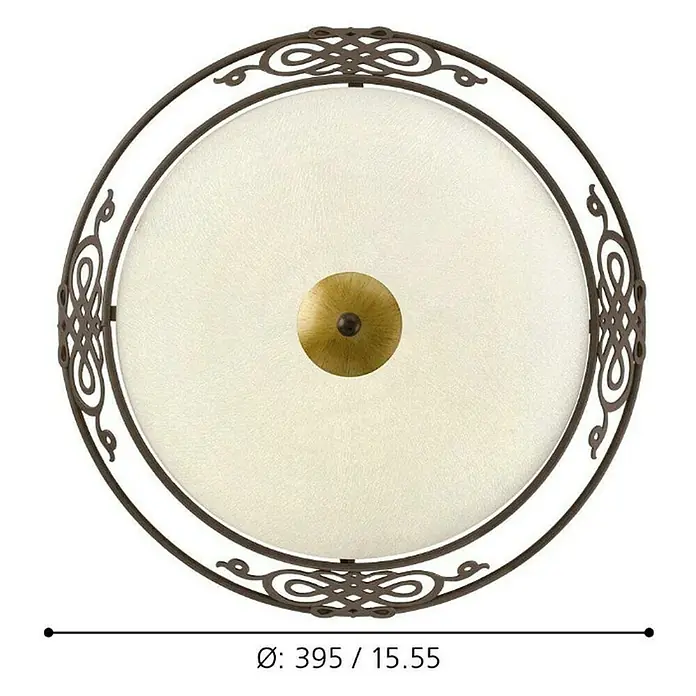 Eglo Plafón redondo Mestre - 120 W, Ø x Al: 39 x 13,5 cm, Marrón, E27 - Primer plano de una lámpara de techo redonda con marco metálico decorativo en color bronce y un botón dorado central.