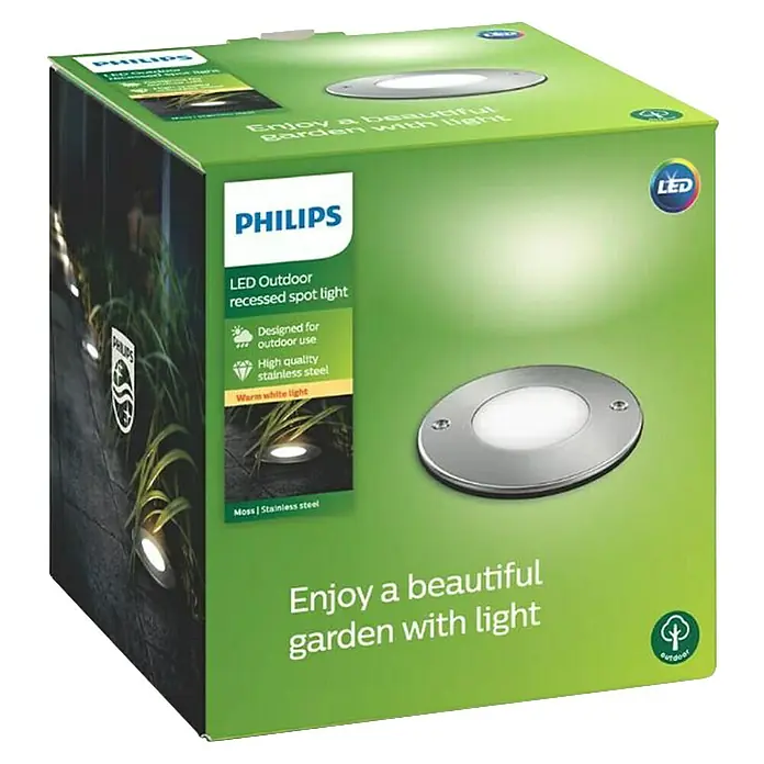 Philips Foco LED empotrable exterior Moss - 3 W, L x An: 10,5 x 10,5 cm, Blanco cálido, Acero inoxidable - Primer plano del embalaje de un foco empotrable LED para exteriores Philips para una hermosa iluminación de jardín de acero inoxidable.