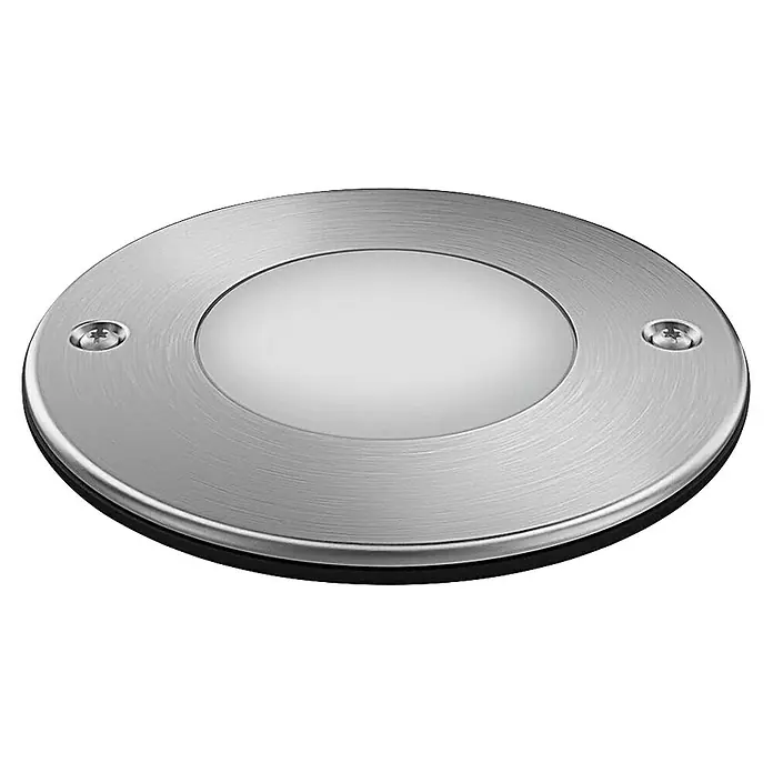 Philips Foco LED empotrable exterior Moss - 3 W, L x An: 10,5 x 10,5 cm, Blanco cálido, Acero inoxidable - Primer plano de una luz LED redonda empotrada en el suelo de acero inoxidable con tornillos.