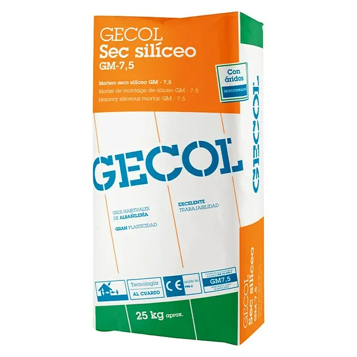 Gecol Mortero de cemento Sec Silíceo GM-7,5 - 25 kg, Blanco - Saco de mortero GECOL Sec silíceo GM-7,5. El saco contiene mortero seco silíceo, ideal para albañilería con alta trabajabilidad y tecnología de cuarzo.