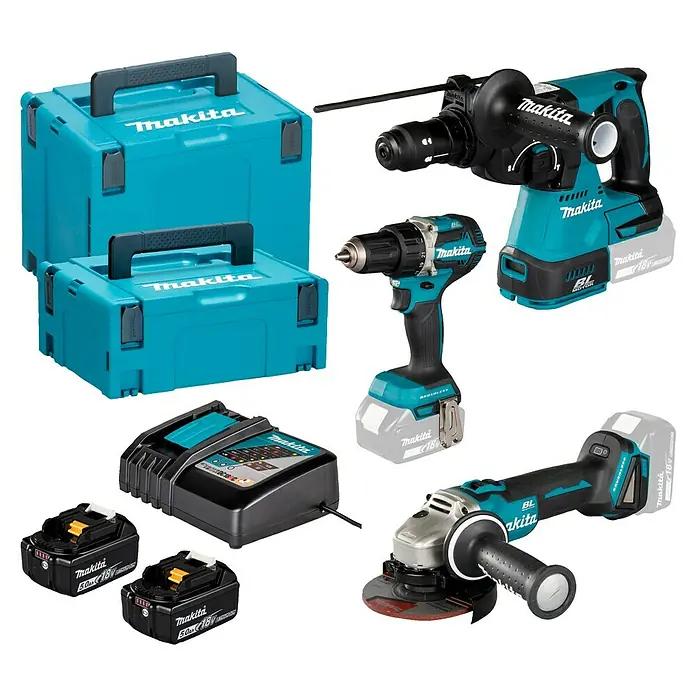Makita LXT 18V Maschinen-Set Kombo-Kit DLX3195JX1 - 18 V, 2 Akkus, 5 Ah, 8 -tlg. - Ein Set von Makita Elektrowerkzeugen, inklusive Bohrmaschine, Winkelschleifer, Akkus, Ladegerät und praktischen Aufbewahrungskoffern.